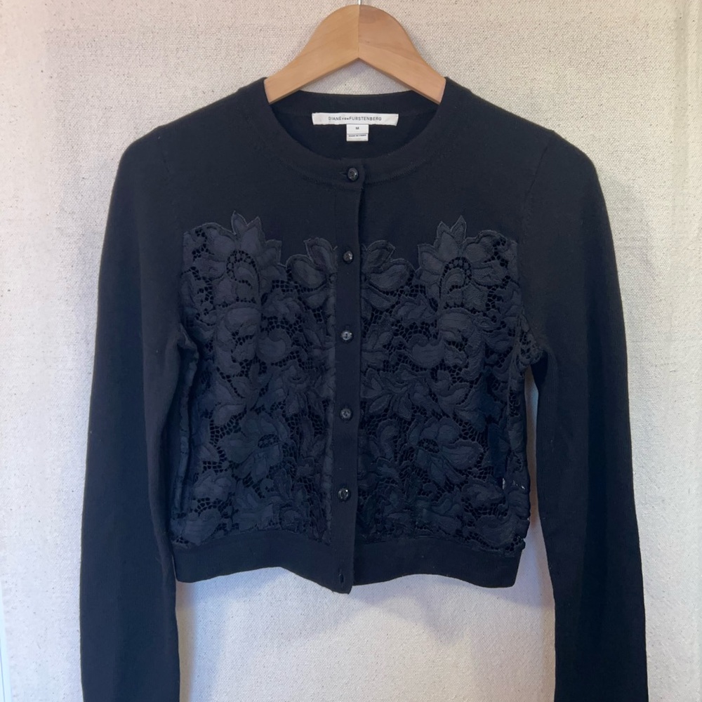 Diane Von Furstenberg Black Lace Peekaboo Cardigan